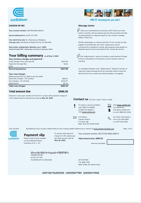 USA Con Edison electricity business utility bill template in Word and PDF formats